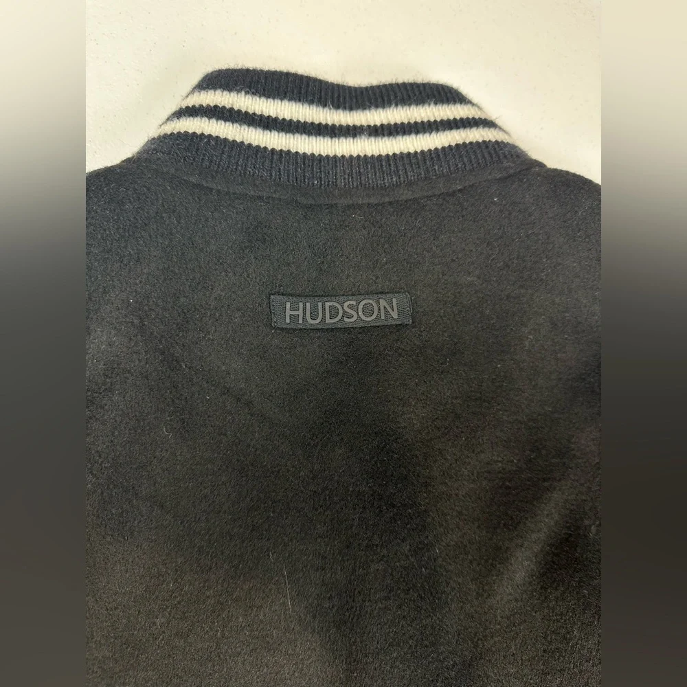 NWT HUDSON Mens Wool Varsity Bomber Jacket Size L Black‎ Ivory Faux Leather $248